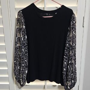 Tahari Black Top with Sheer Patterned Sleeves